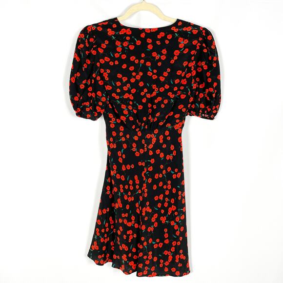 Staud Milla Mini Dress Poppy Print Red Black V-Neck Puff Sleeve Sz 0 Women - Picture 12 of 13